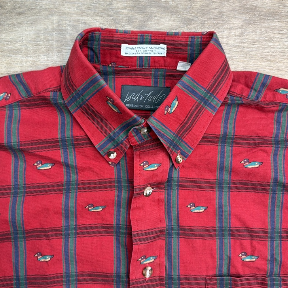 Lord‎ & Taylor Red Plaid Duck Button Down Shirt Novelty Print Vintage